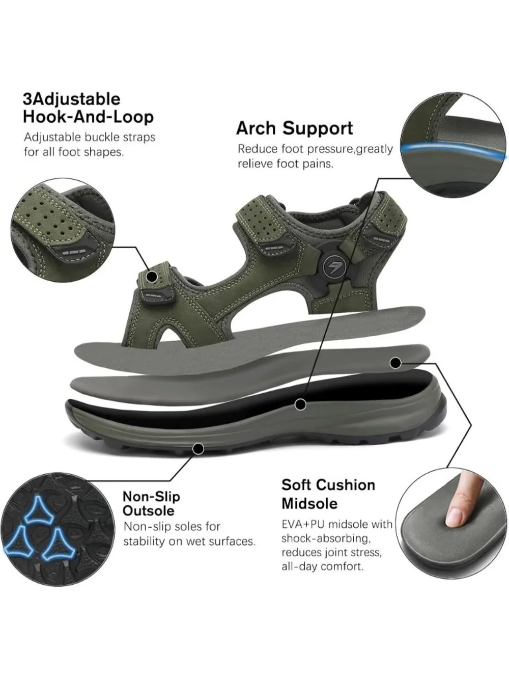 Men's Green Adjustable Strap Open Toe Leather Athletic Sport Hiking Sandal Shoes